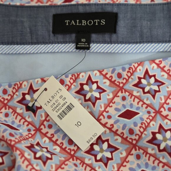 TALBOTS Skirt 10 Medallion Border Print Stretch Cotton Pink Red Blue NEW - Picture 3 of 15
